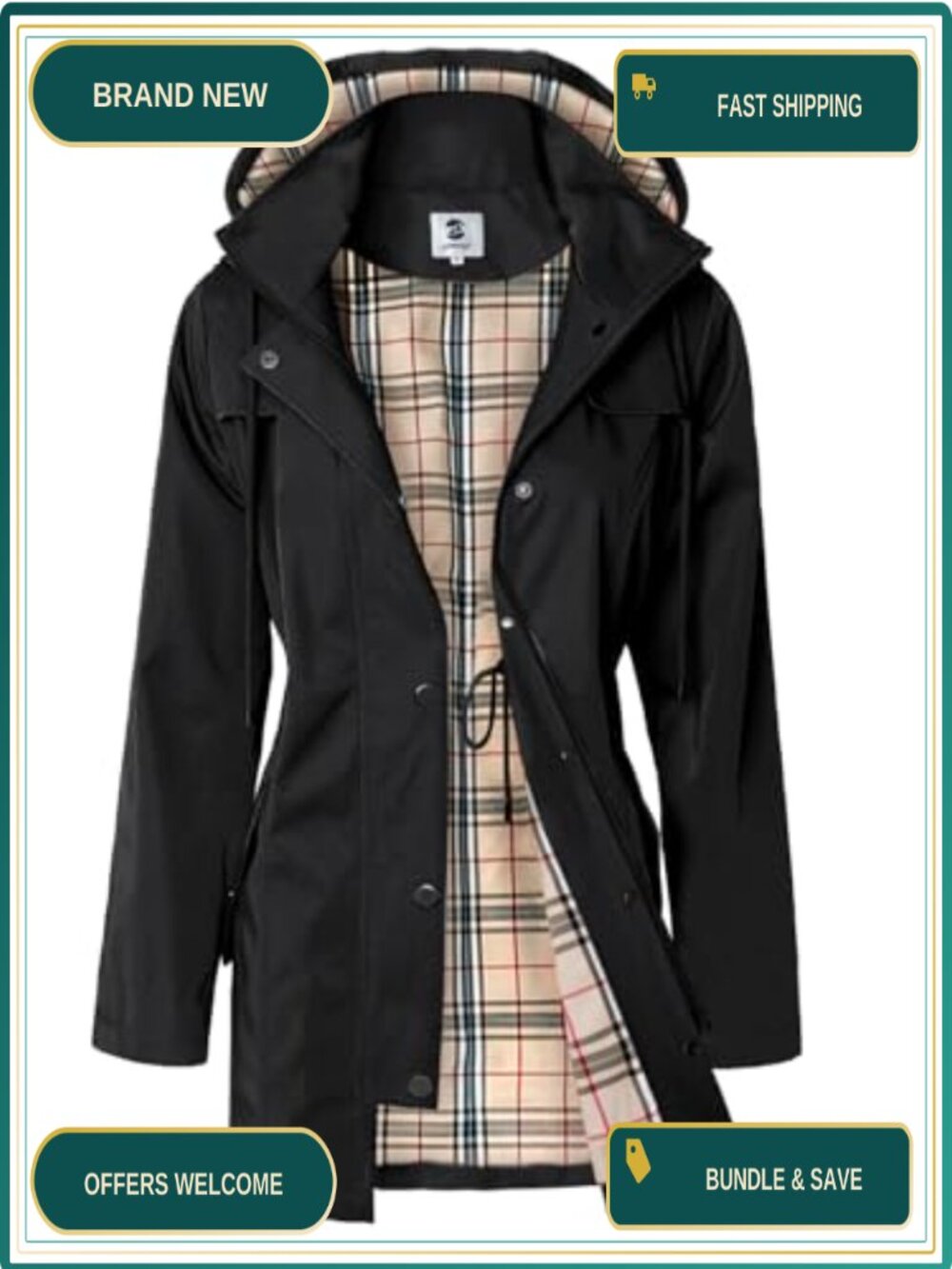 Women's Long Hooded Rain Jacket Water-Resistant Windbreaker Outdoor Coat